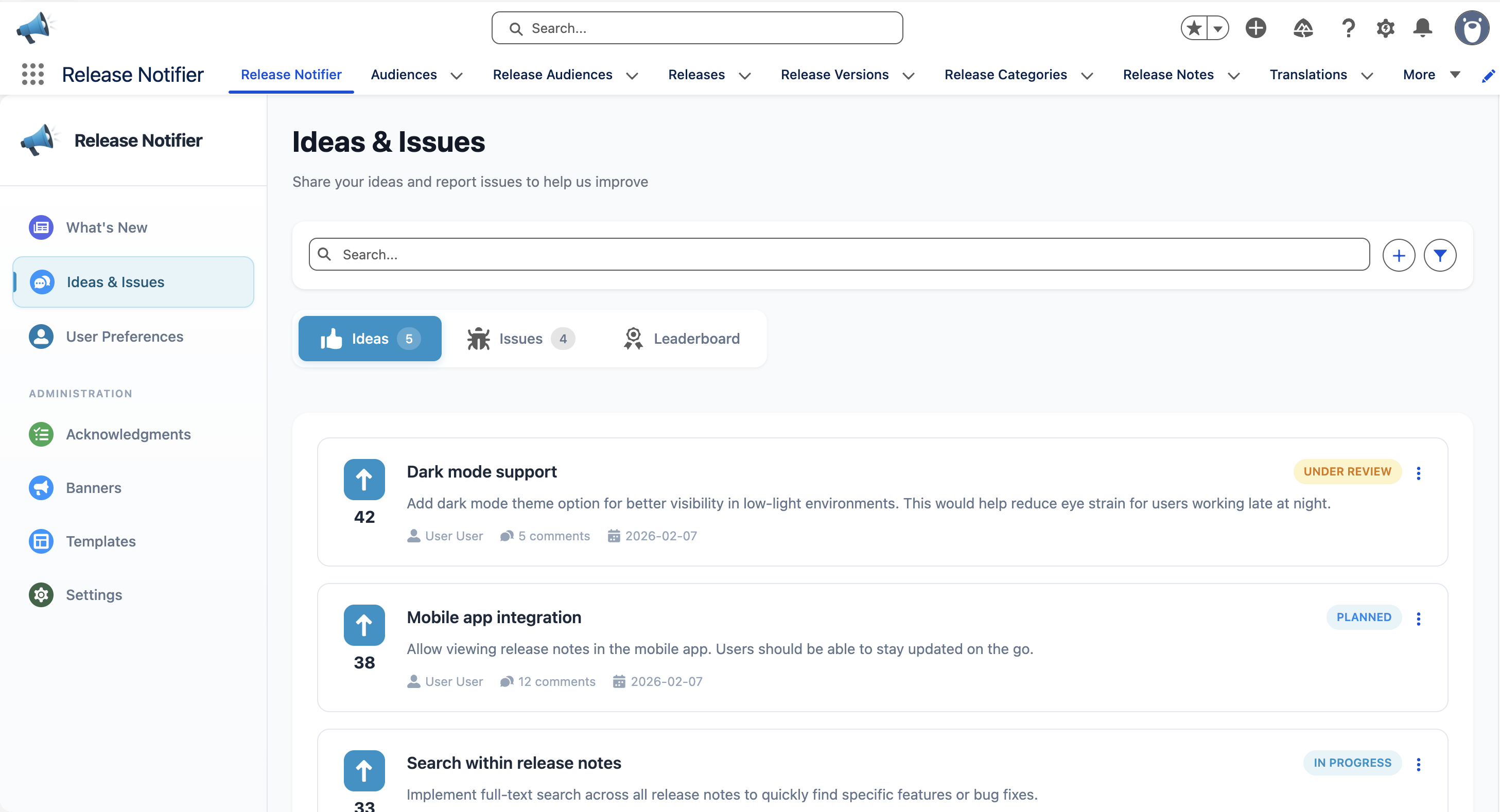 Ideas list with vote counts, comments, and status indicators