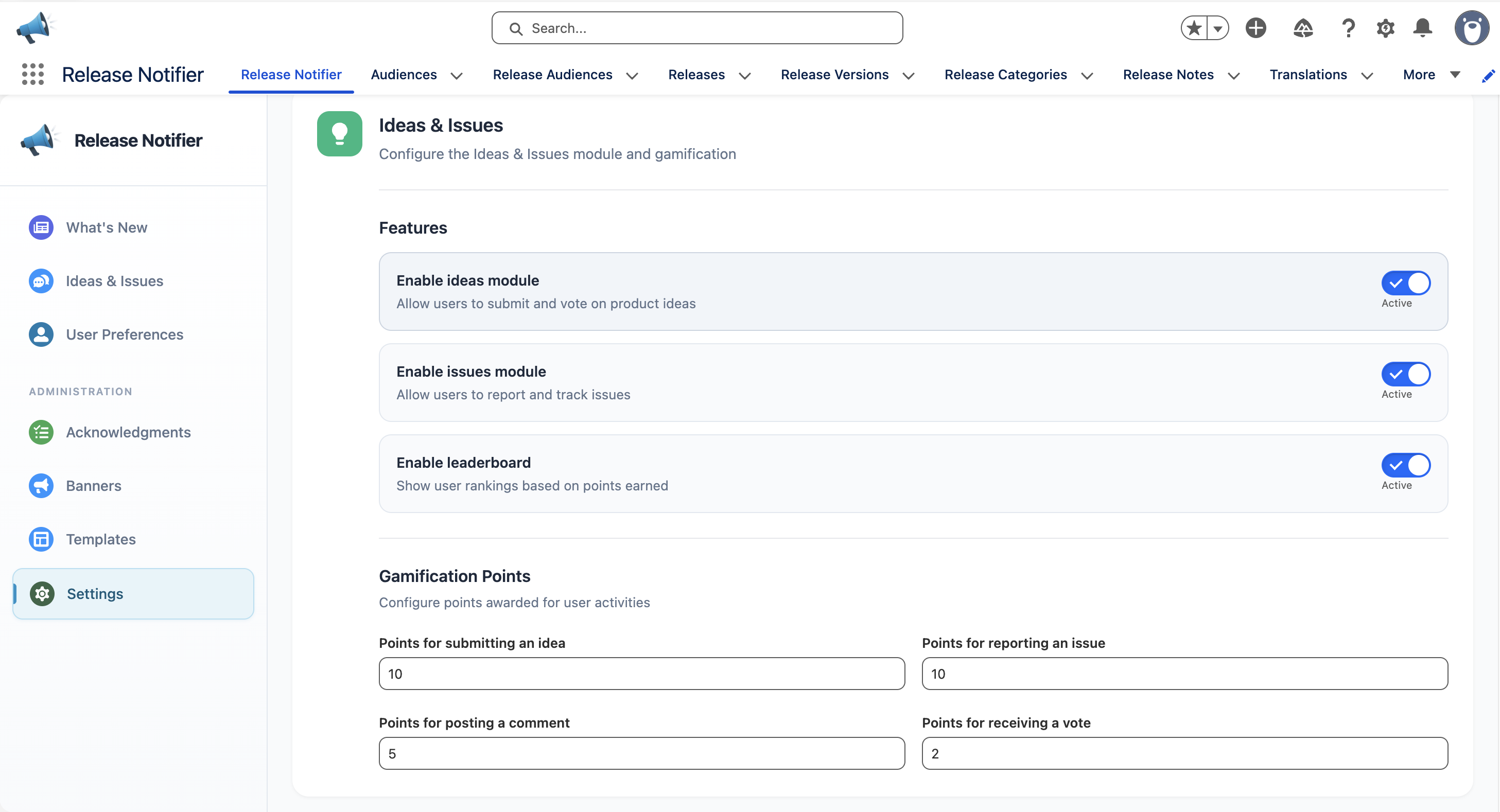 Ideas & Issues settings
