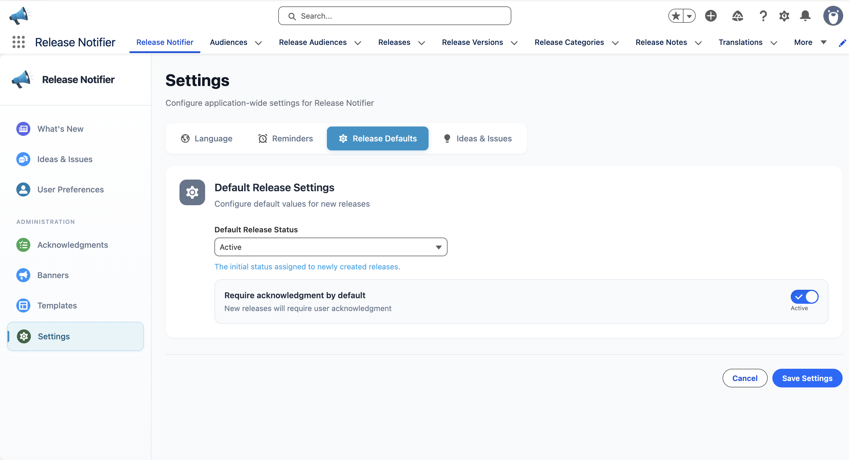 Settings page