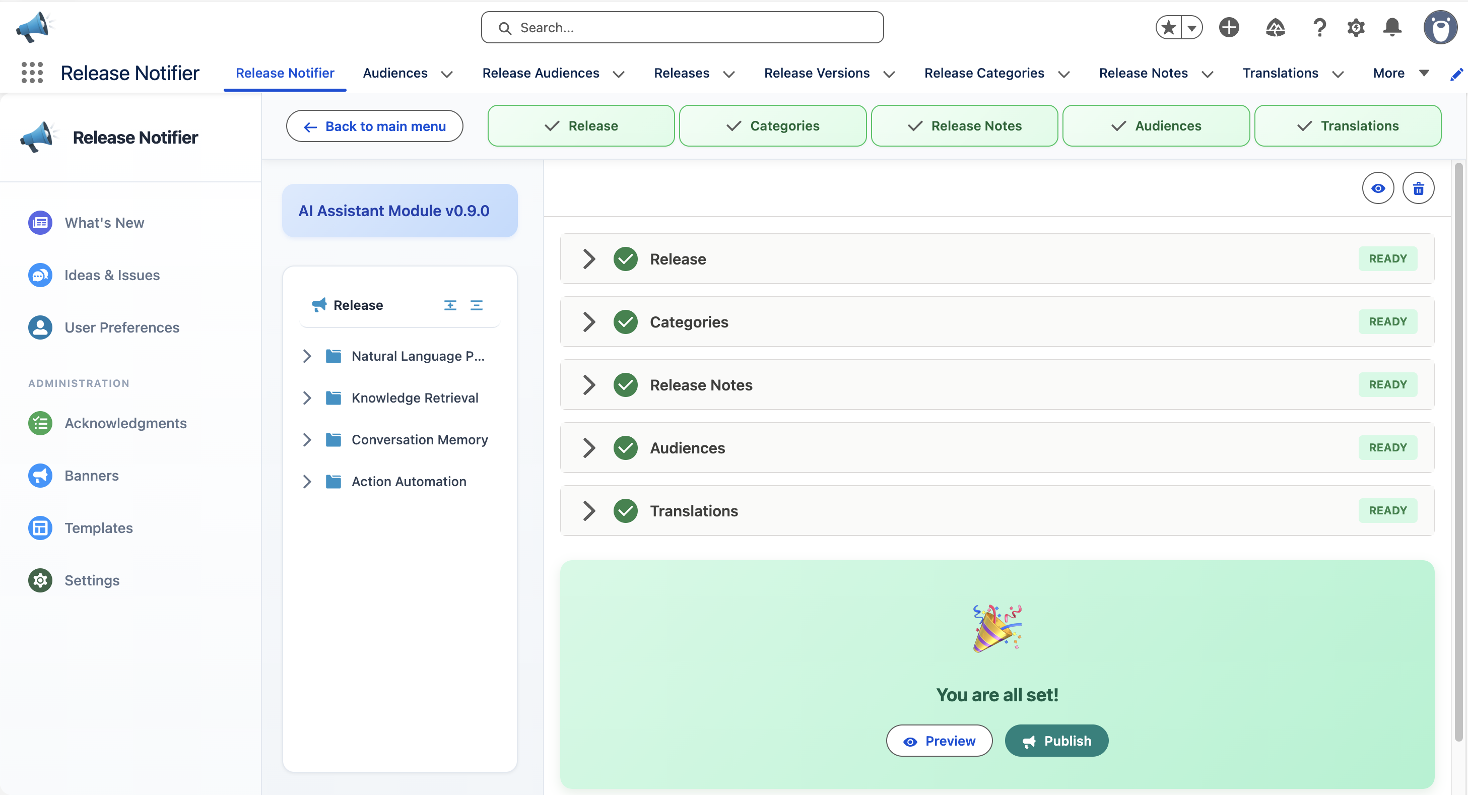 Release editor dashboard with category tree and Publish button