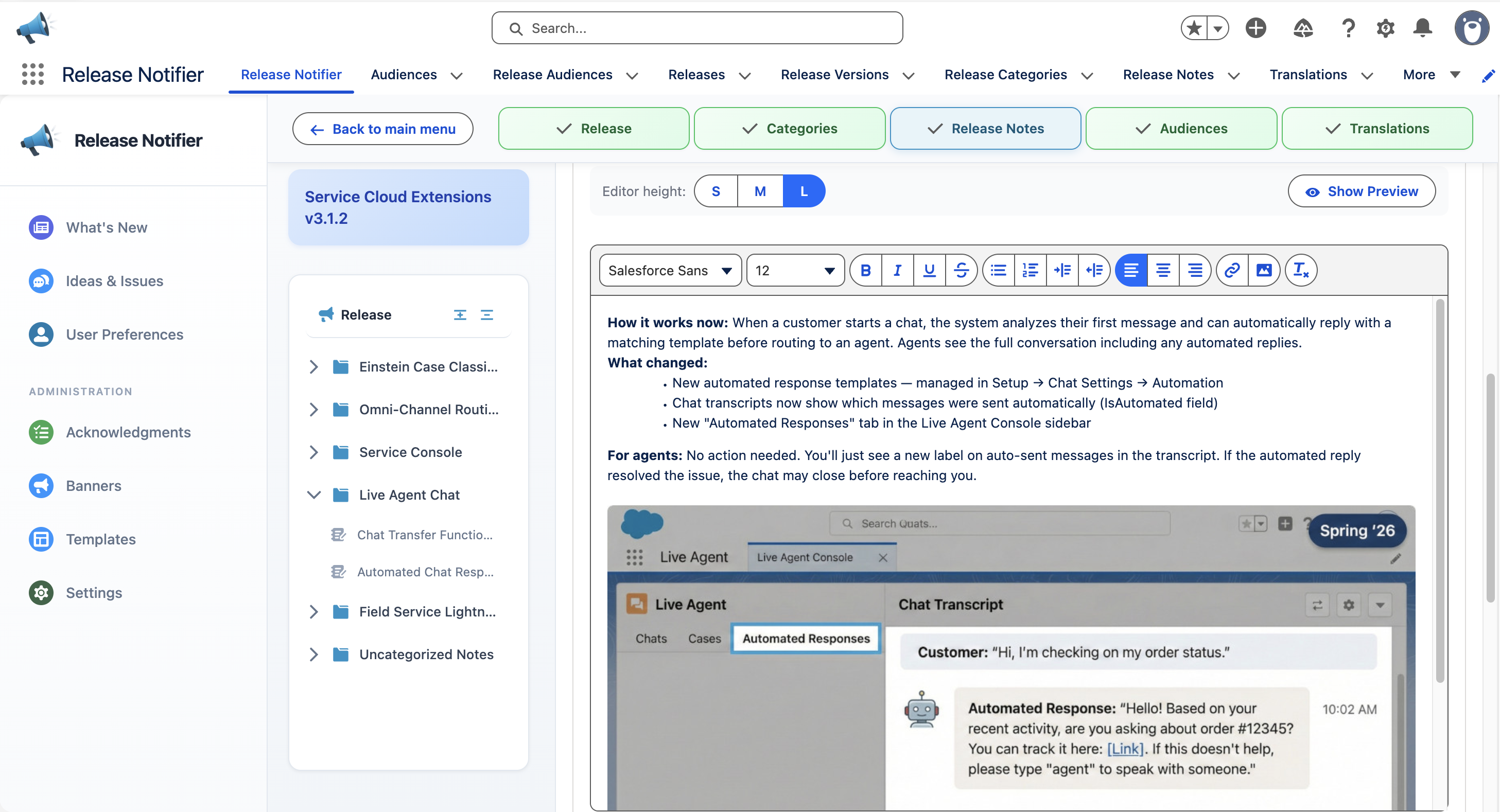Release editor with release notes organized in categories