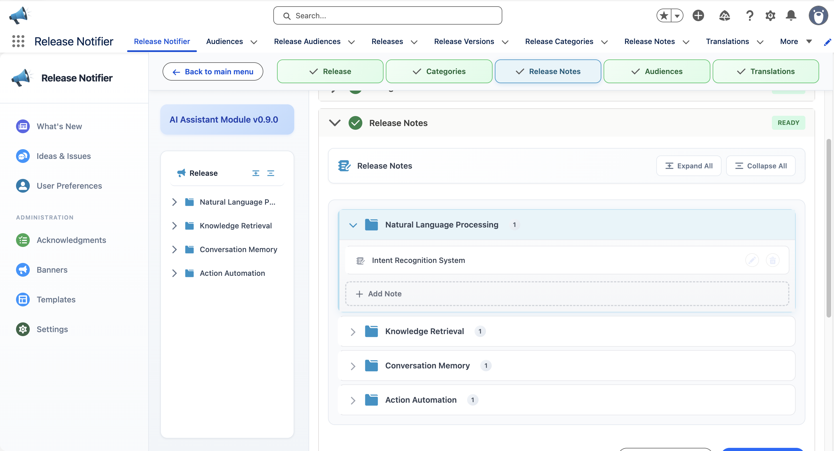 Release editor with release notes