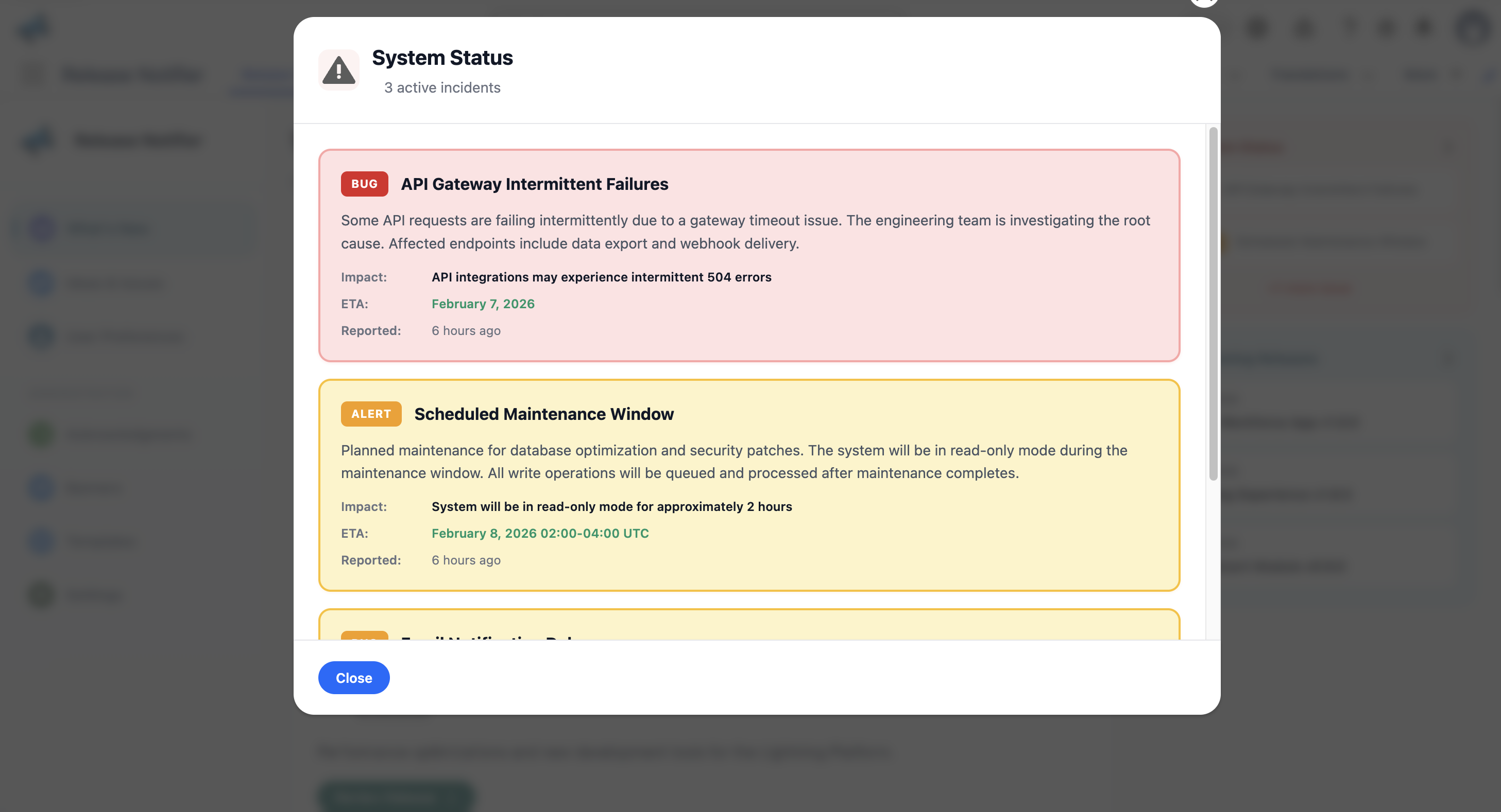 System status modal with active incidents, severity, impact, and ETA
